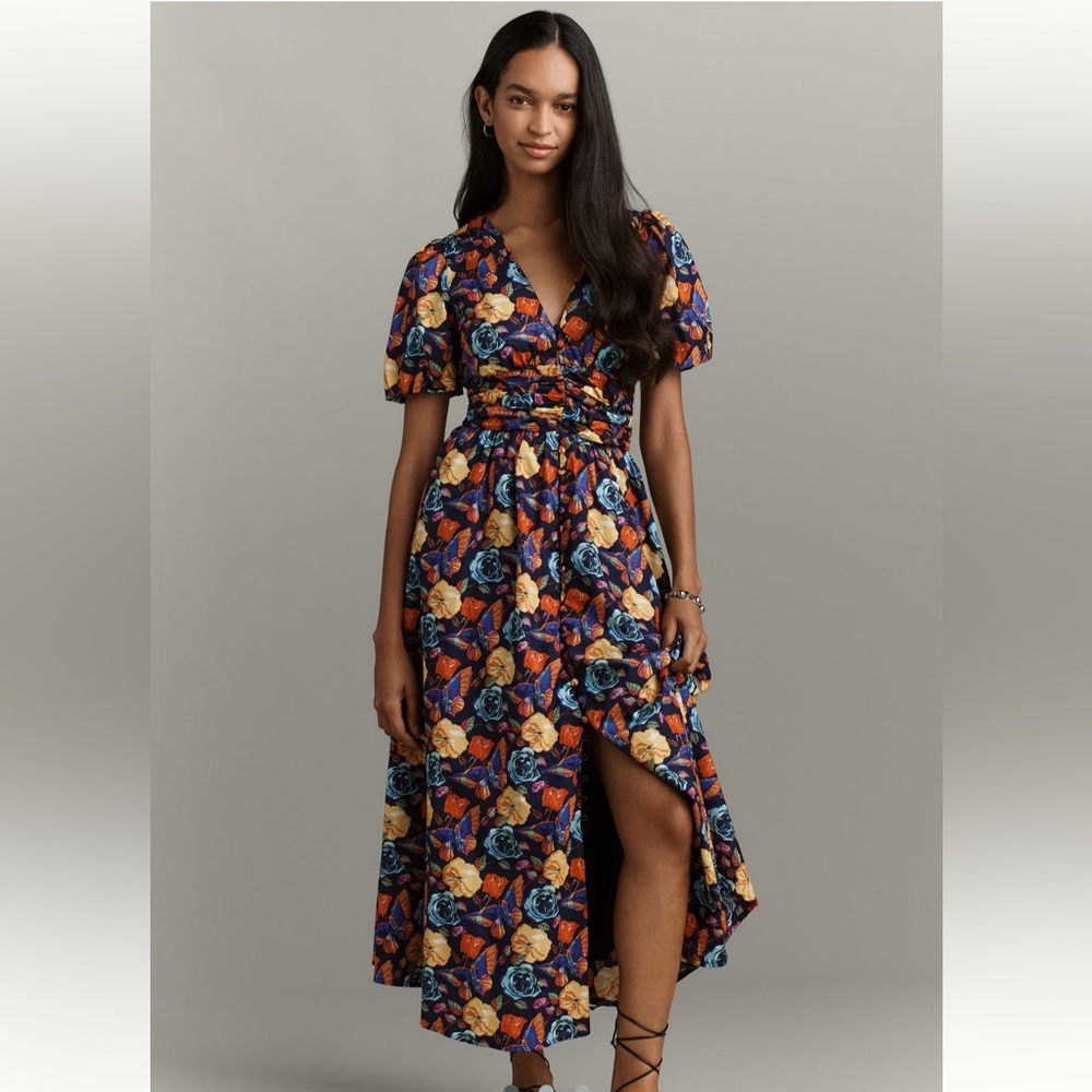 NWT Anthropologie Katerina Button-Front dress in navy floral pattern, size 1X